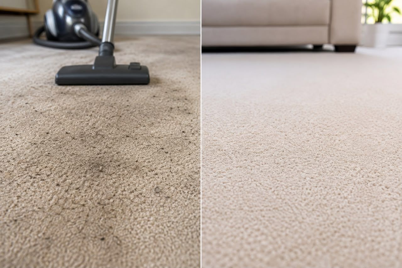 Side-by-side carpet cleaning comparison: dirty beige carpet next to a clean, vacuumed section.
