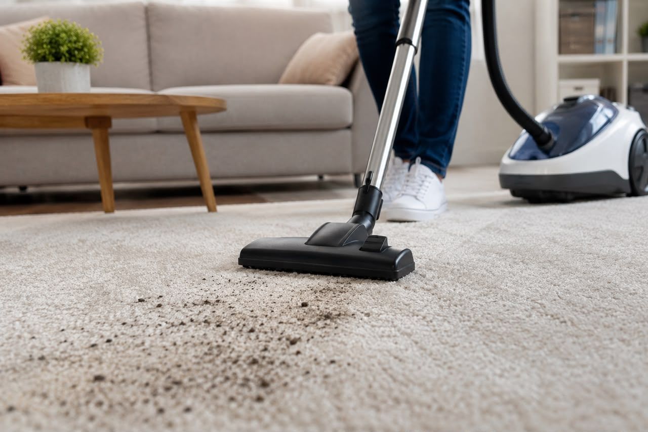 Person vacuuming a beige carpet in a living room with a sofa and coffee table