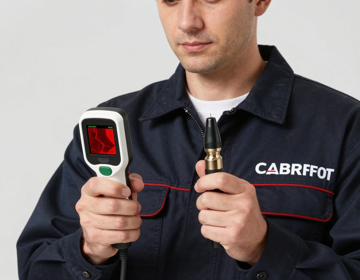 Técnico con uniforme de trabajo, sosteniendo un medidor digital rojo y un conector de cable.