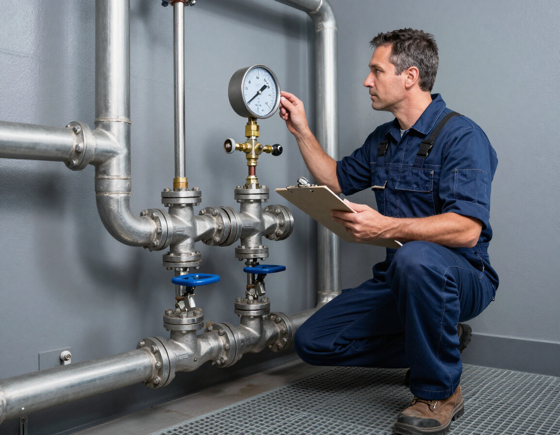Técnico inspeccionando tuberías industriales y un manómetro en una sala de máquinas.