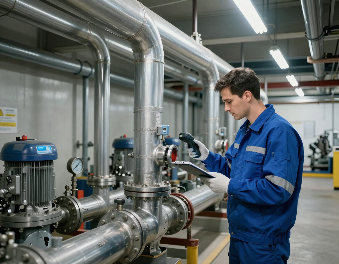 Técnico con mono azul inspeccionando tuberías y válvulas industriales en una sala de la fábrica.