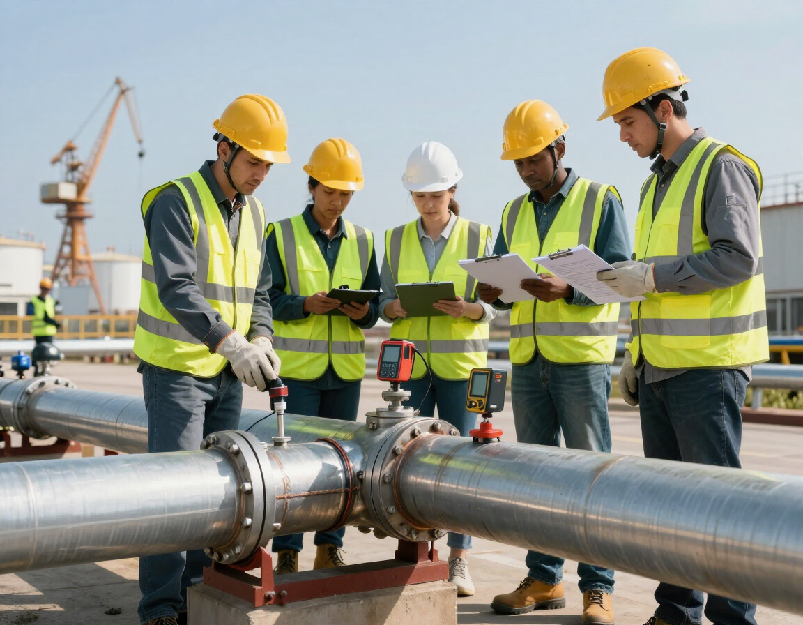 Ingenieros con cascos revisan planos junto a grandes tuberías industriales en una obra de construcción.