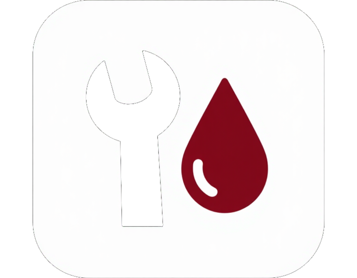 Icono de llave inglesa blanca junto a una gota roja sobre un fondo cuadrado blanco redondeado.