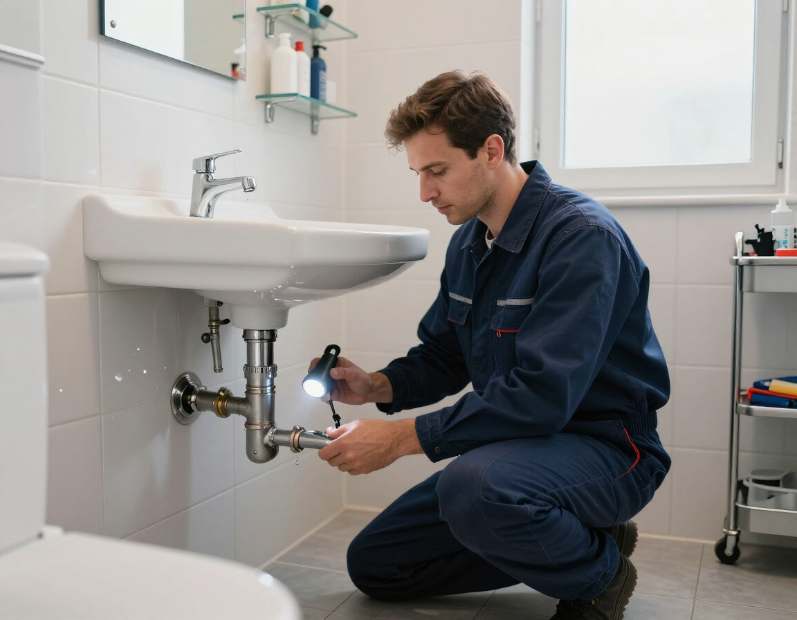 Un fontanero se arrodilla debajo de un lavabo, apretando las tuberías con una linterna en un baño bien iluminado.
