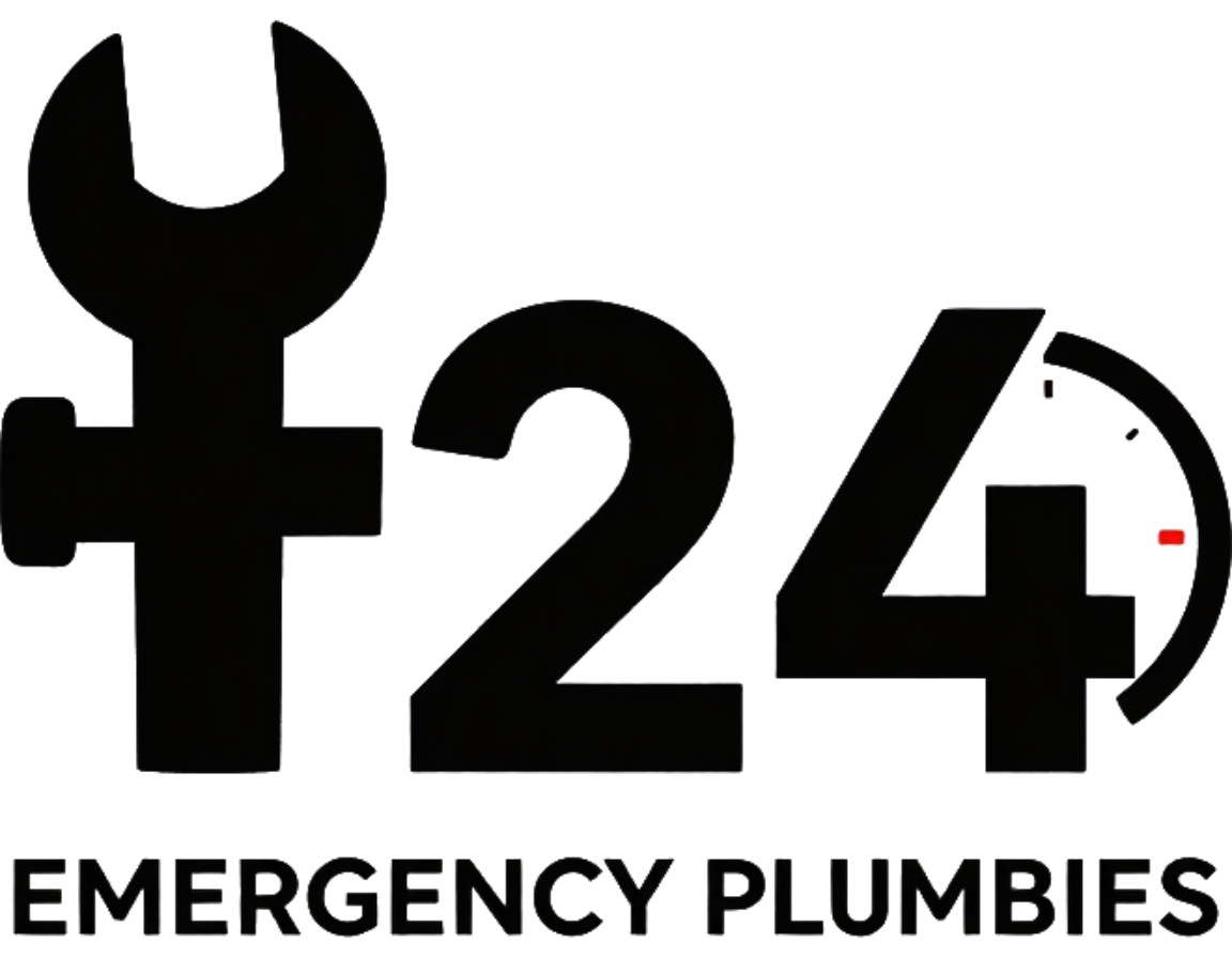 Logotipo de f24 Emergency Plumbies con llave inglesa y reloj negros, manecilla roja sobre fondo blanco.