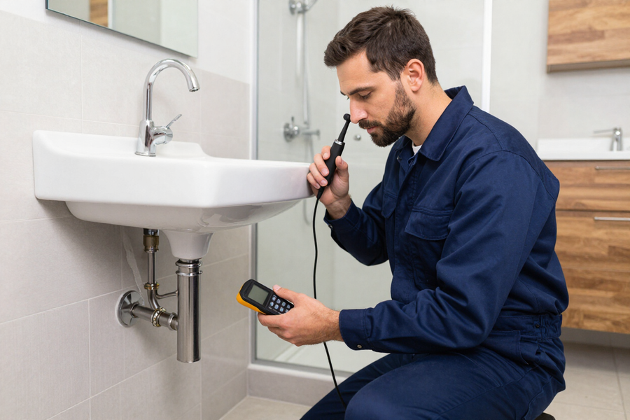 Un fontanero inspecciona el desagüe de un lavabo con una linterna y un medidor en un baño.