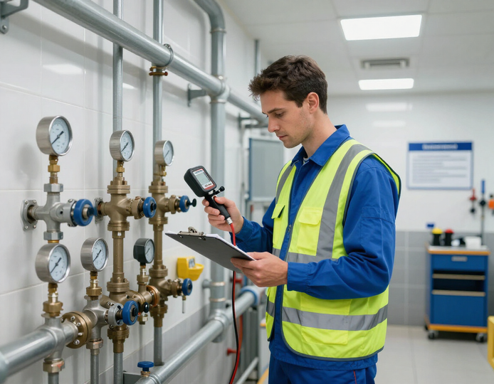 Técnico con chaleco reflectante inspeccionando tuberías y manómetros con un dispositivo portátil en una sala de máquinas.