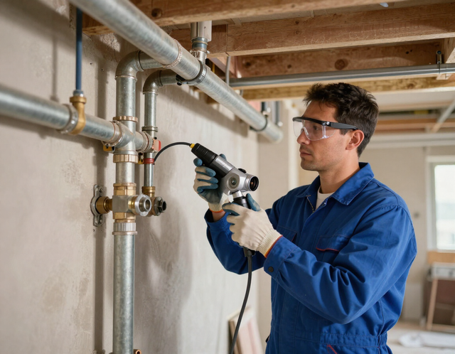 Técnico con camisa azul inspeccionando tuberías expuestas con una herramienta en una habitación sin terminar.