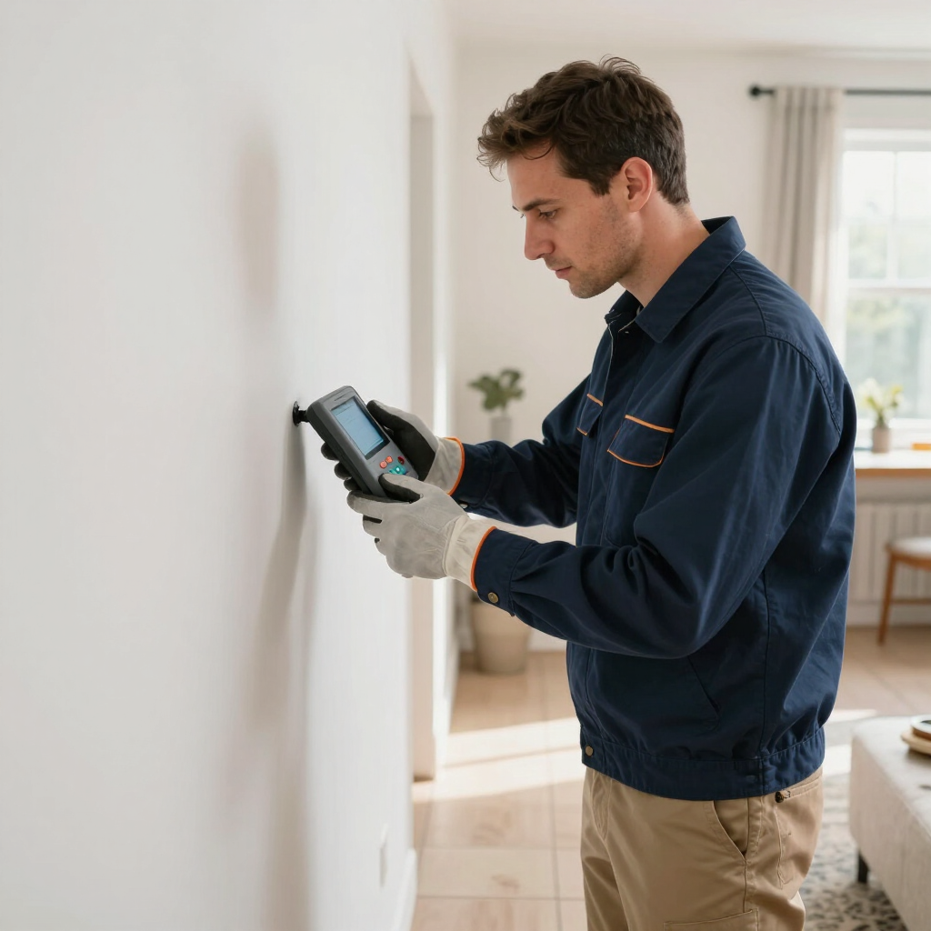 Técnico con chaqueta azul y guantes inspeccionando una pared con un dispositivo portátil en una habitación luminosa.