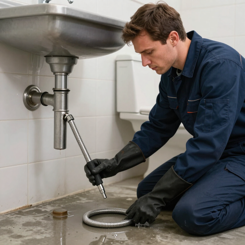 Un fontanero con mono azul repara el desagüe de un lavabo suspendido utilizando una sonda desatascadora.