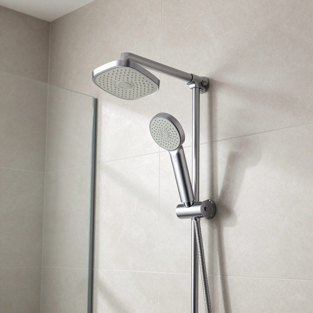 Baño moderno con ducha, dos cabezales y mampara de cristal.