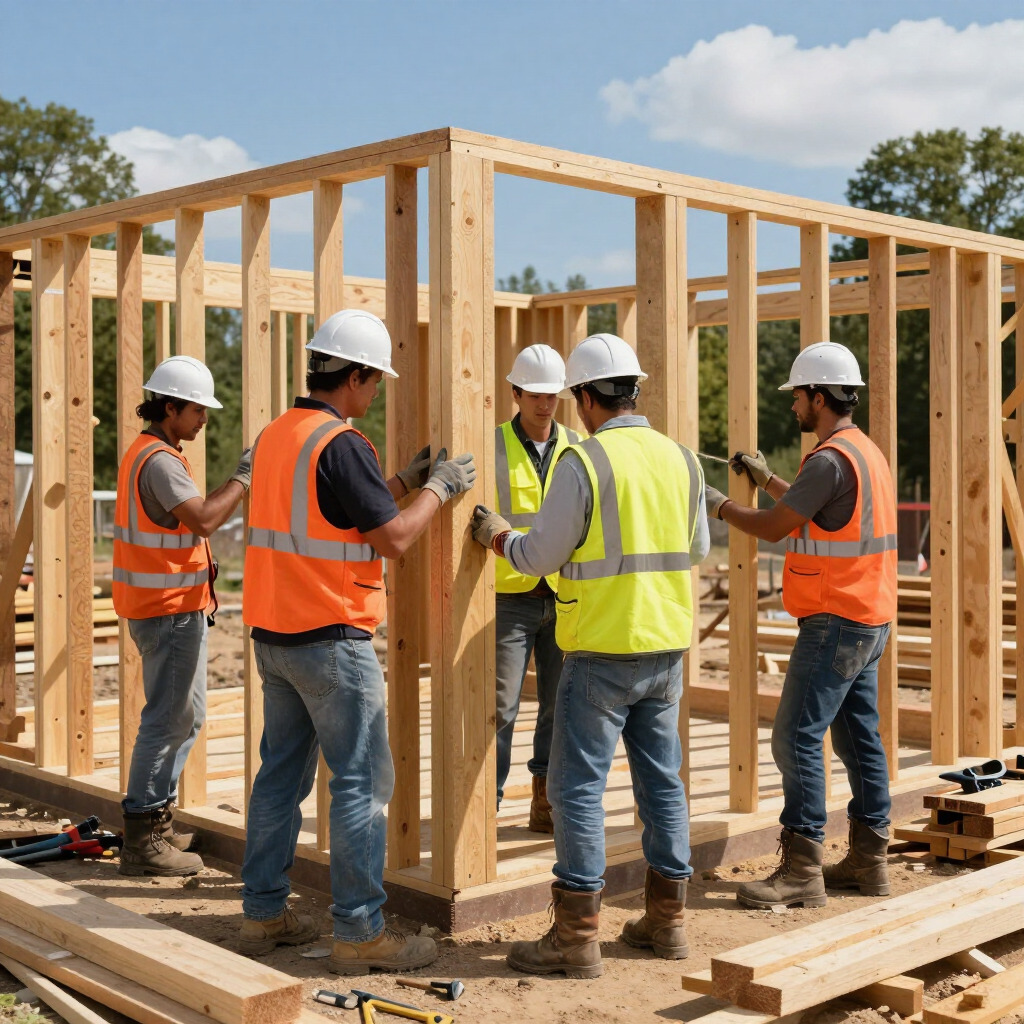 Un equipo de construcción, con cascos y chalecos de seguridad, levanta la estructura de una casa