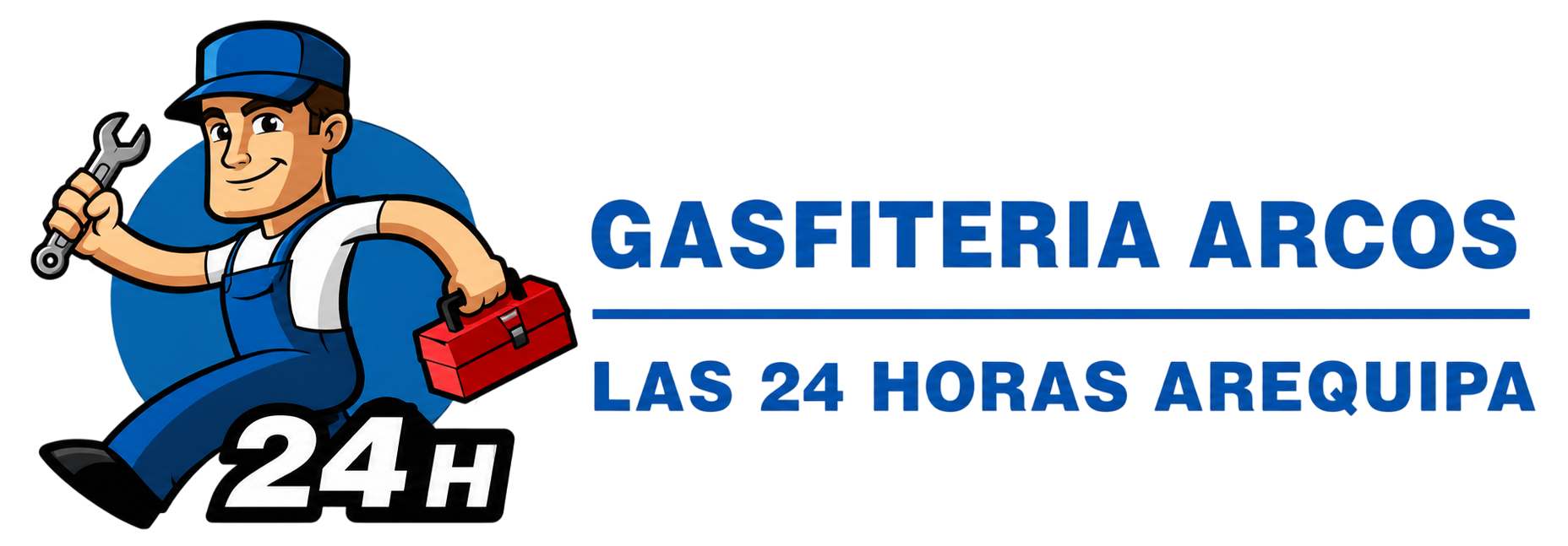 Logotipo de un plomero con overol azul y llave inglesa, con el texto 