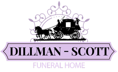 Dillman-Scott Funeral Home logo with black horse-drawn hearse and lavender decorative banner