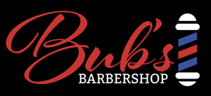 Bub&rsquo;s Barbershop logo in red, white, and blue on a black background