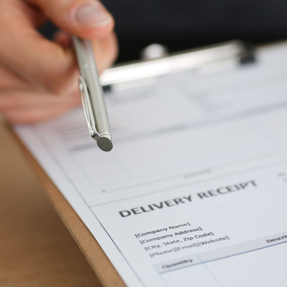 A person is holding a pen over a delivery receipt