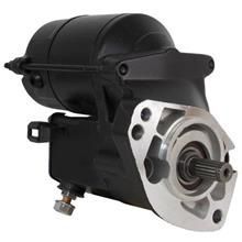 A close up of a black starter motor on a white background.