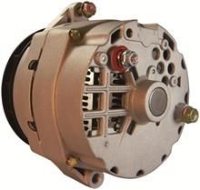 A close up of an alternator on a white background.