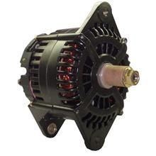 A close up of a black alternator on a white background.