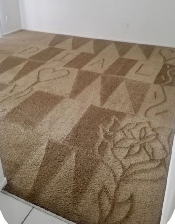 Beige patterned carpet in an empty room, with floral and geometric designs.