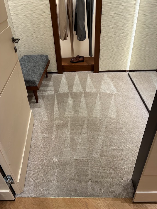 Hallway with beige carpet, mirrored closet, bench, and sliding closet doors.