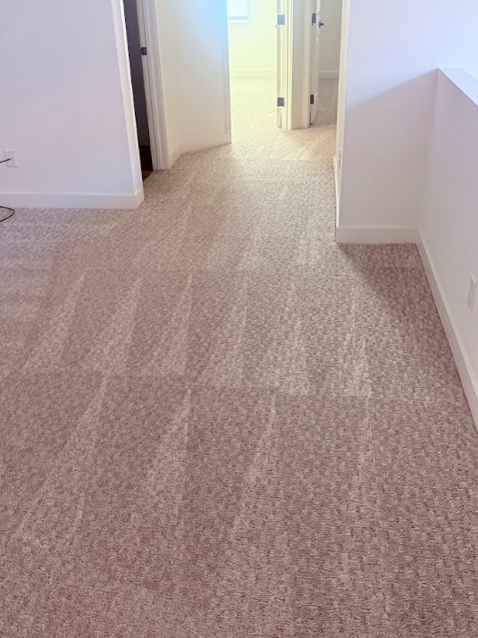 Empty beige-carpeted hallway with white walls and doorways leading to a bright room.