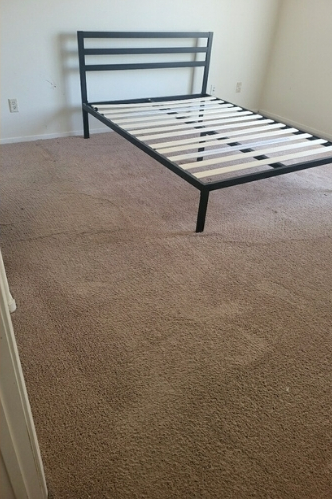 Empty bedroom with a black metal bed frame and tan carpet