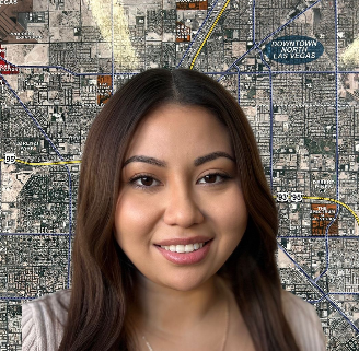 Smiling woman portrait over a detailed city map background