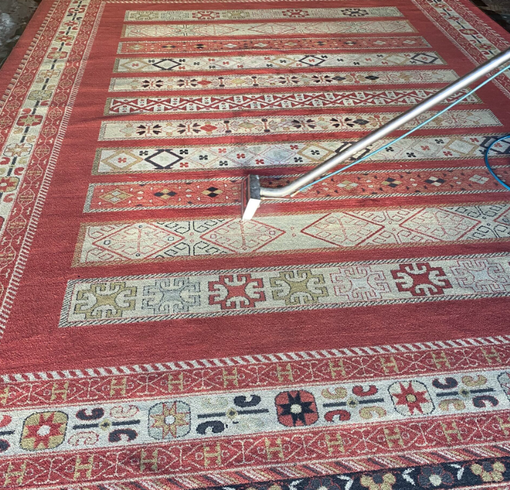 Carpet cleaning ad showing a steam cleaner removing dirt from a patterned area rug in a bright living room