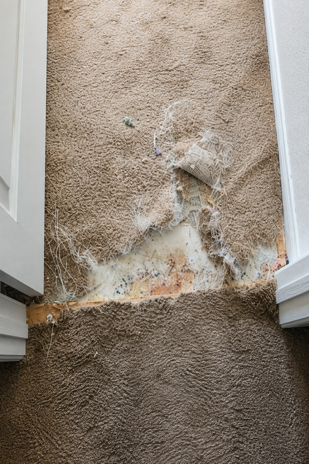 Damaged beige stucco wall with cracked, peeling paint and exposed white and orange patches.