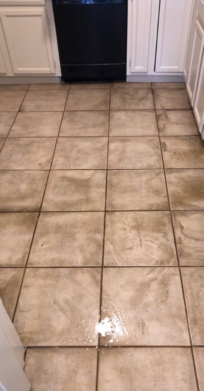 Tan carpet with a large white and beige stain or damaged patch near the wall trim