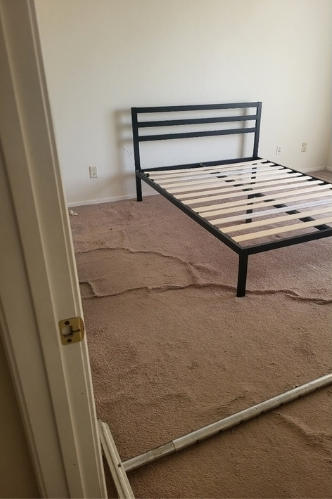 Sparse bedroom with black metal bed frame on beige carpet, viewed through an open doorway.