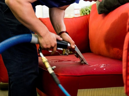 Deep-clean carpet service with vacuum in a bright living room, plus green eco-friendly text and icons