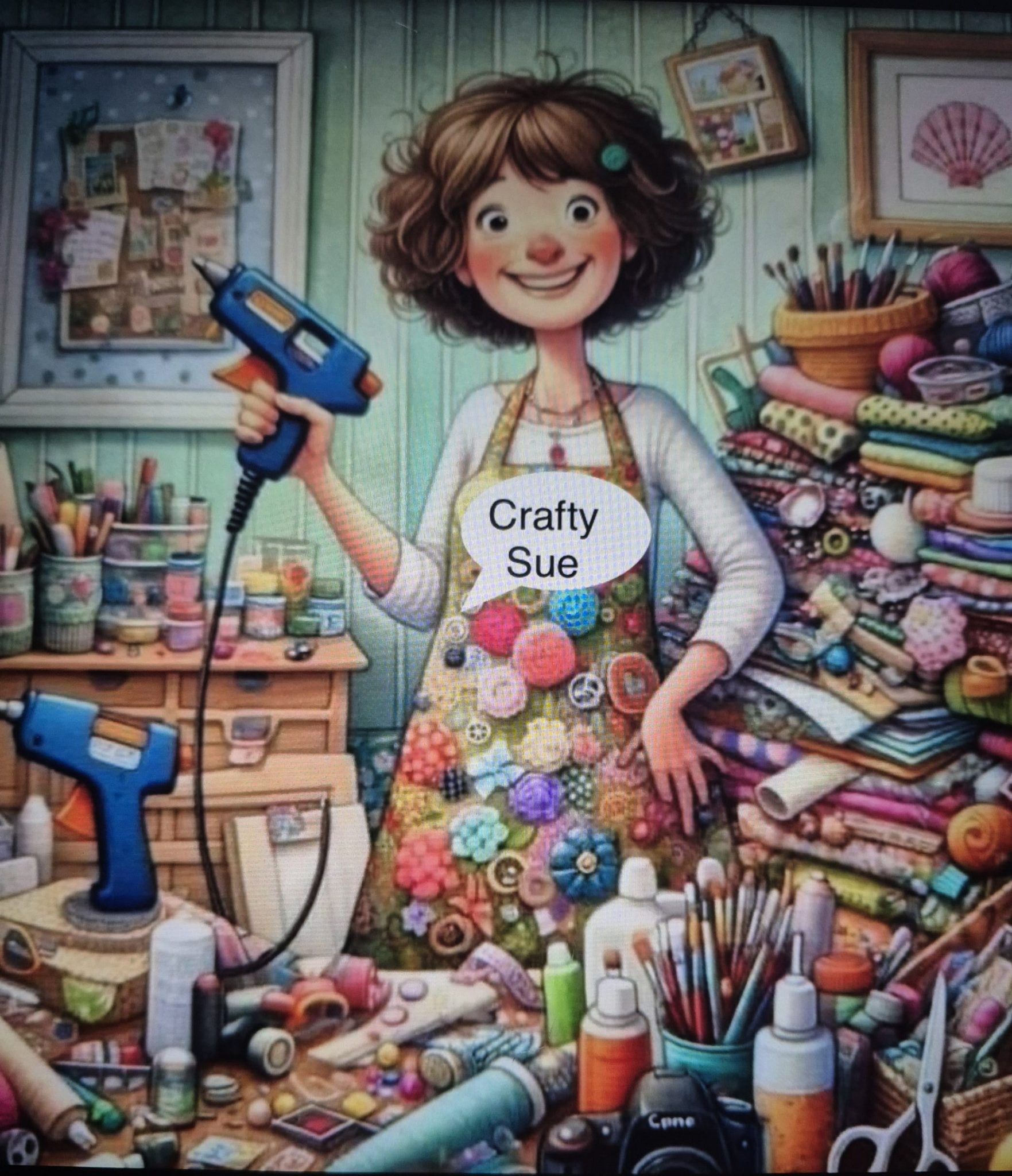 Woman in a colorful craft studio holding a glue gun, surrounded by ribbons, tools, and supplies.