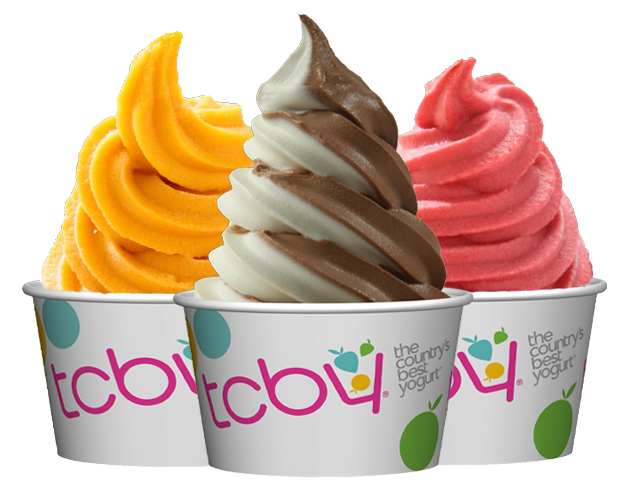Three soft-serve ice cream cups in yellow, chocolate, and pink flavors on a white background