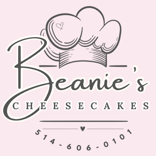 Logo for Beanie’s Cheesecakes with a pink chef hat, heart, and phone number 514-606-0101