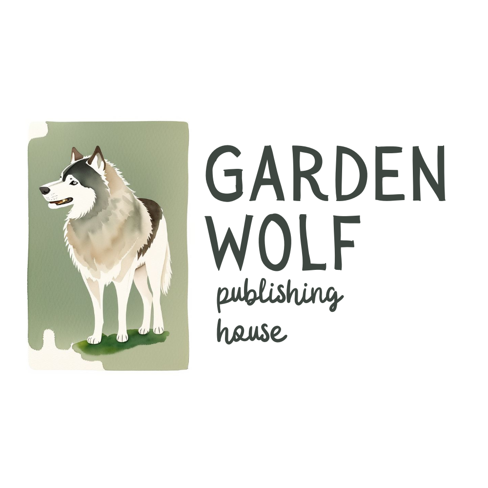 Garden Wolf publishing house logo with a wolf beside the text on a green background
