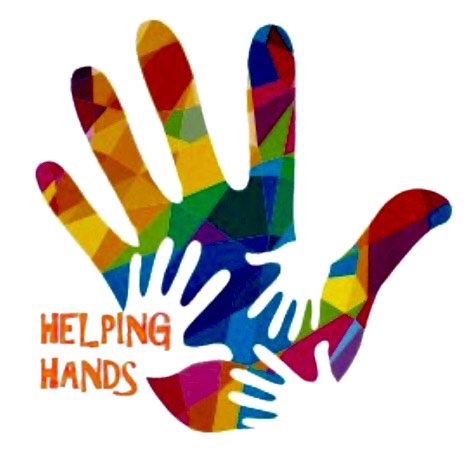 Colorful overlapping hands with “HELPING HANDS” text, symbolizing teamwork and support