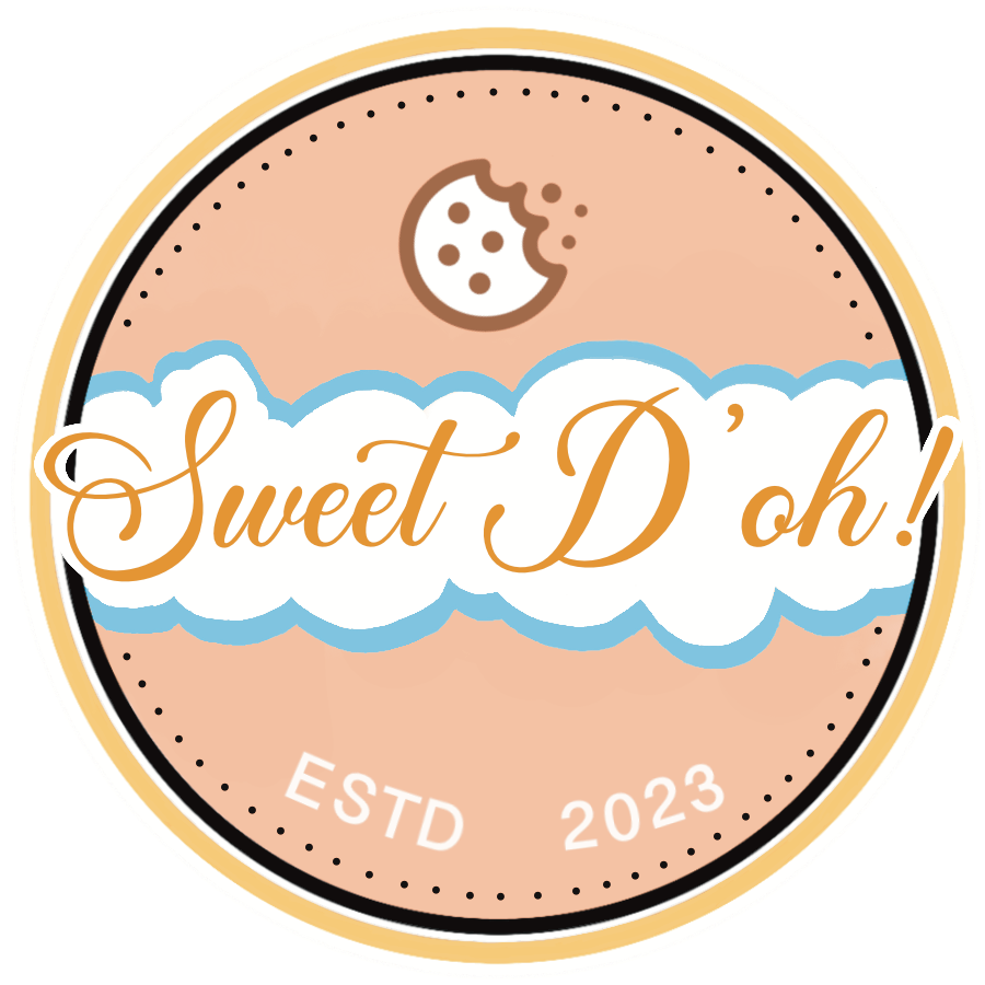 Round peach logo with bitten cookie and cloud banner reading “Sweet D oh!” and “ESTD 2023”