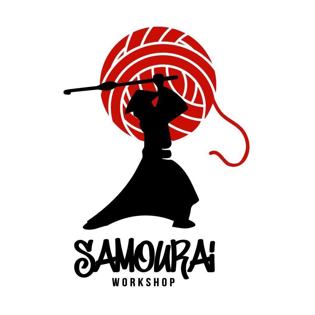 Black samurai silhouette with red circular backdrop and “SAMOURAI WORKSHOP” text beneath
