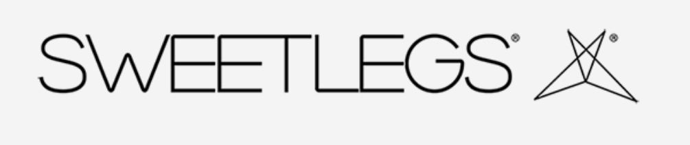 “SweetLegs” logo in thin black lettering with a star-like symbol on a white background