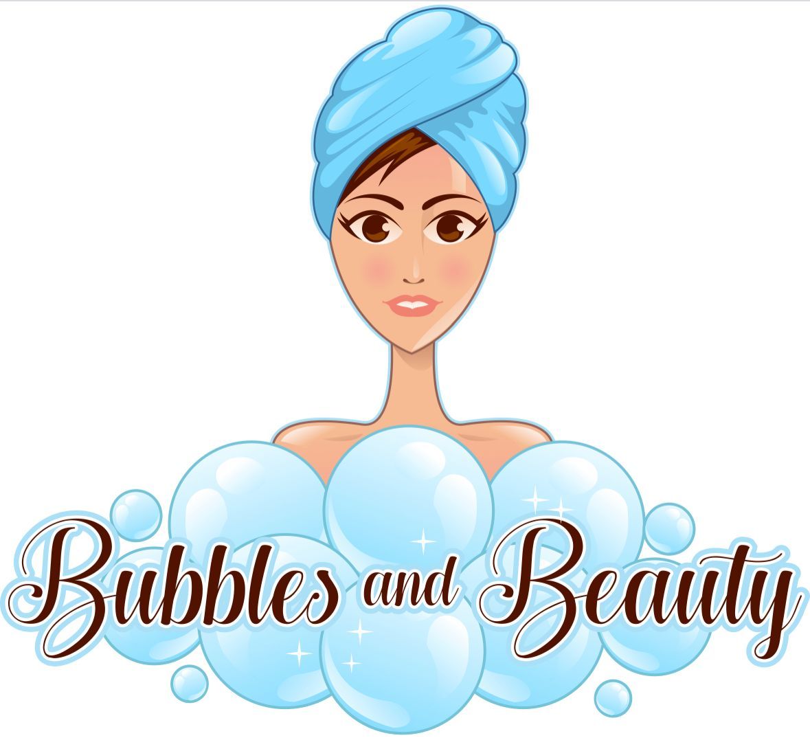 Logo of a woman with a blue towel turban and bubbles, reading “Bubbles and Beauty”
