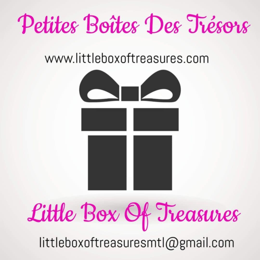 Logo with a black gift box icon and pink text for Petites Boîtes Des Trésors / Little Box Of Treasures and website/email.