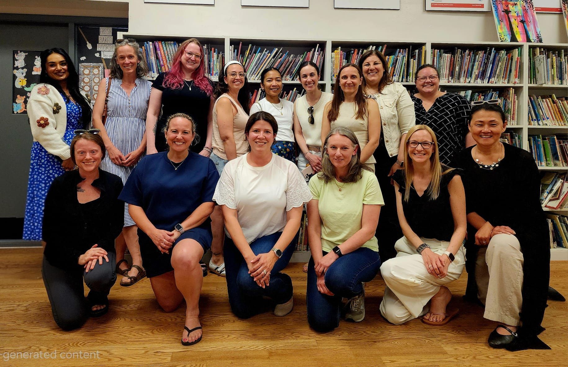 Group portrait of 14 people posing in a bookstore, with shelves of books in the background.