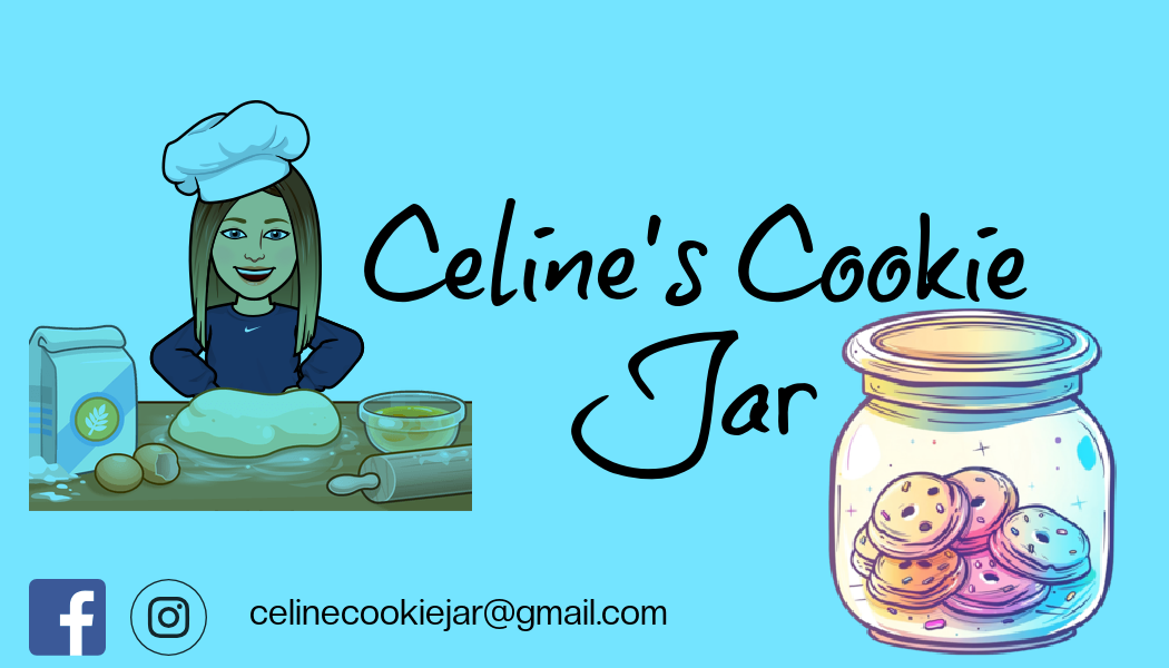 Celine's Cookie Jar logo with cartoon baker, cookie jar, and social media icons on a light blue background