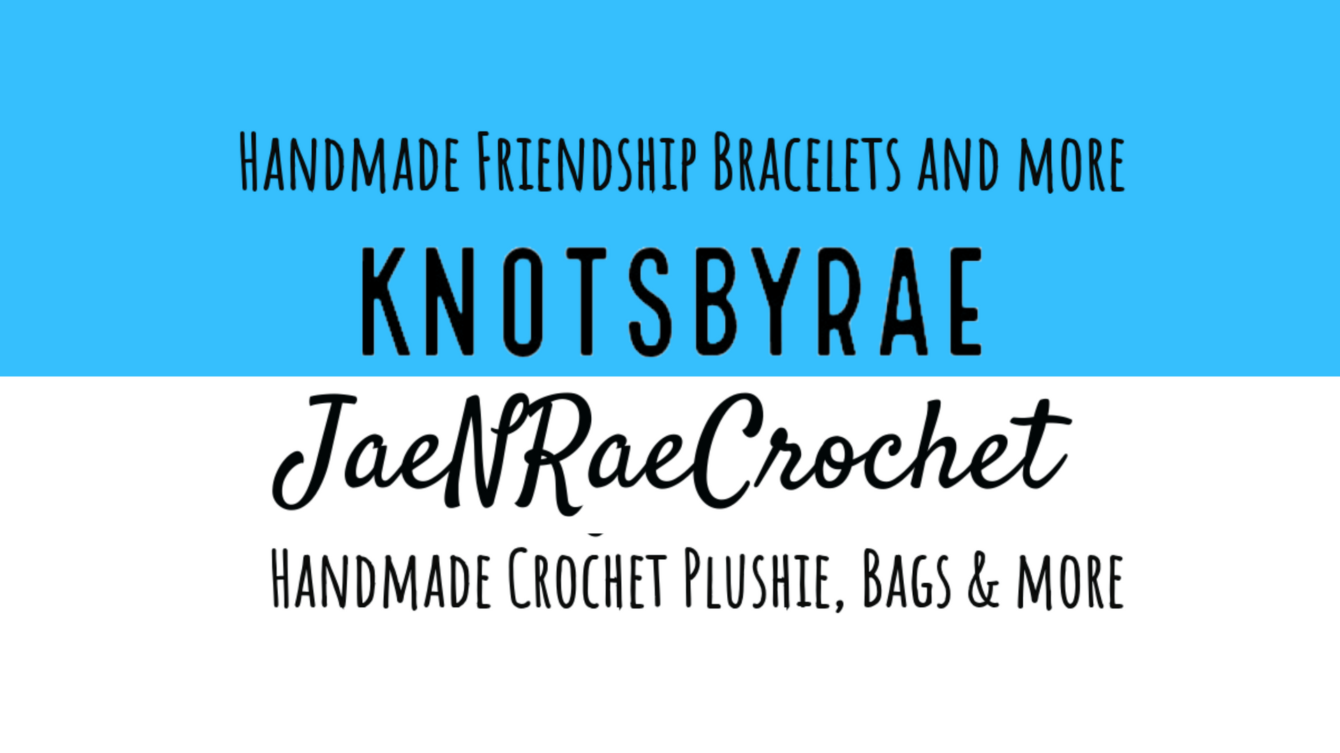 Handmade craft logo with blue and white background reading “KNOTSBYRAE” and “JaeMaeCrochet”