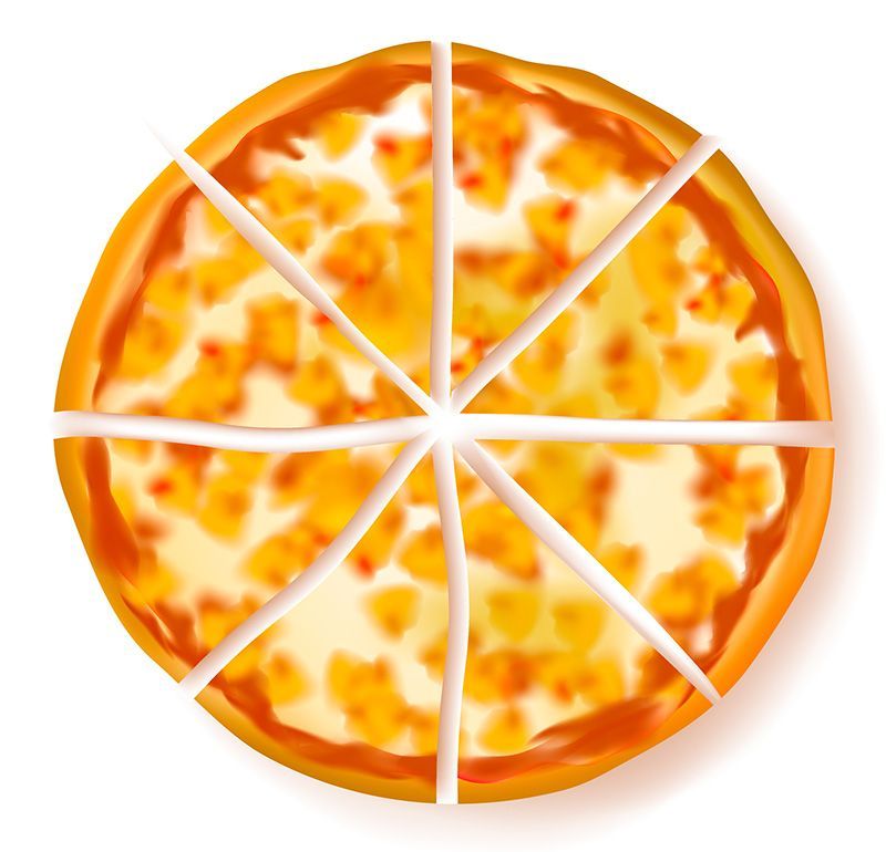 Pepperoni pizza cut into eight slices on a white background