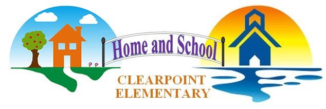 Clearpoint Elementary Home and School logo with trees, houses, hills, and blue water/waves