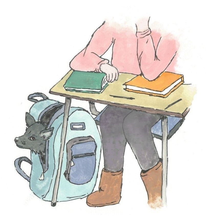 Kitty in a backpack is featured in the Kitty Goes to School chapter in the heartwarming kid's book Tales of a Dog Named Kitty