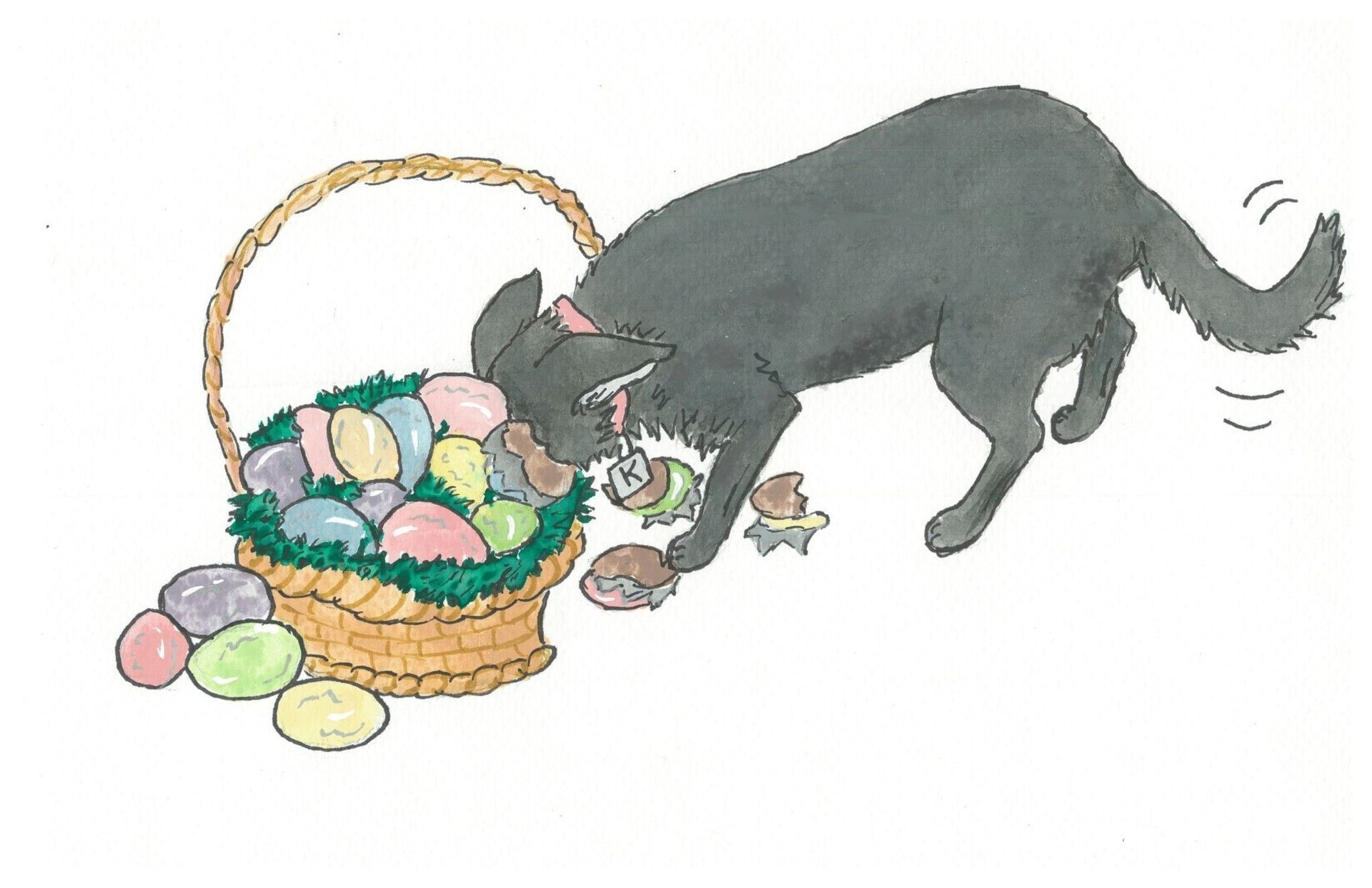 Kitty eating from an easter basket is featured in the Kitty Eats Food chapter of Tales of a Dog Named Kitty